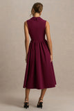 Lisa Burgundy Plunge Neck Tailored Midi Dress With Button Detailing