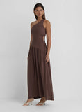 Brown Linen One Shoulder Cut Out Detail Dress