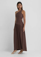 Brown Linen One Shoulder Cut Out Detail Dress