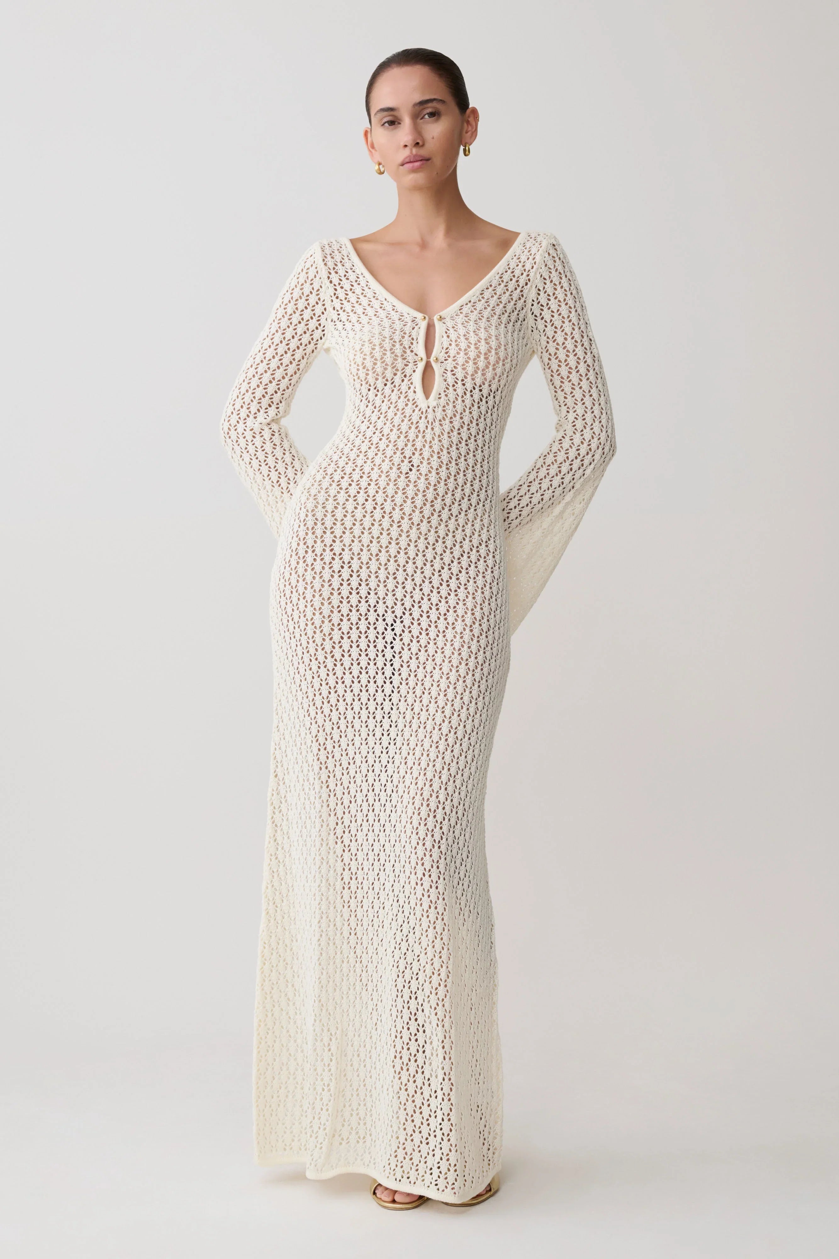 Kayleigh Crochet Fishtail Flare Sleeve Maxi Dress White