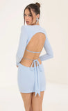 Crepe Shoulder Pad Cutout Dress in Blue
