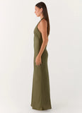 Heavy Hearted Satin Maxi Dress Khaki