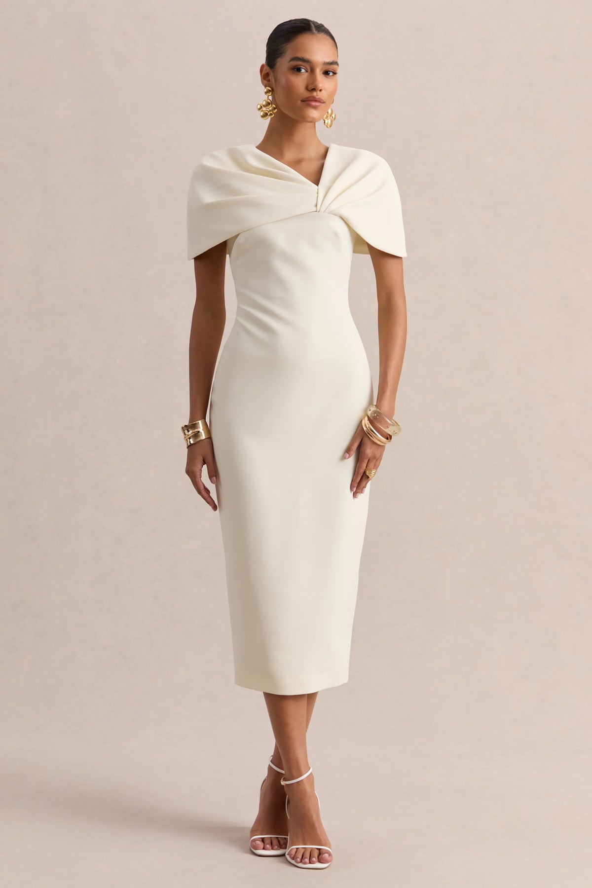 Novalie Cream V Neck Midi Dress With Twist Detail