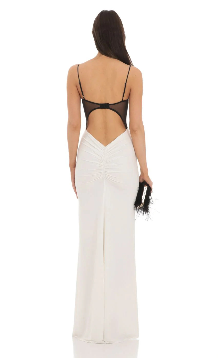 Open Back Two Toned Maxi Dress in White