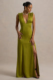 Ysabella Olive Satin Plunge Neck Split Maxi Dress
