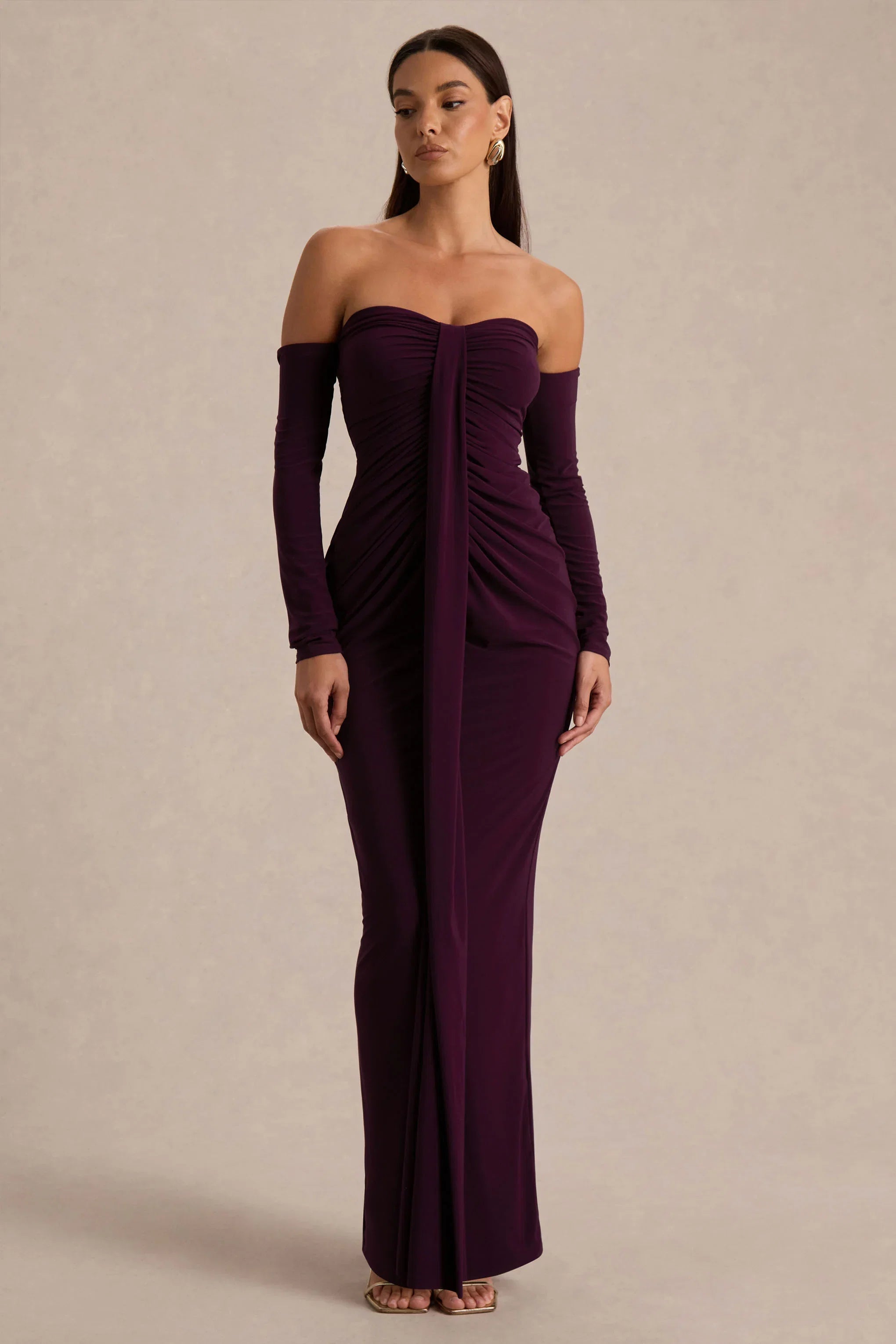 Harper Plum Bardot Neck Maxi Dress