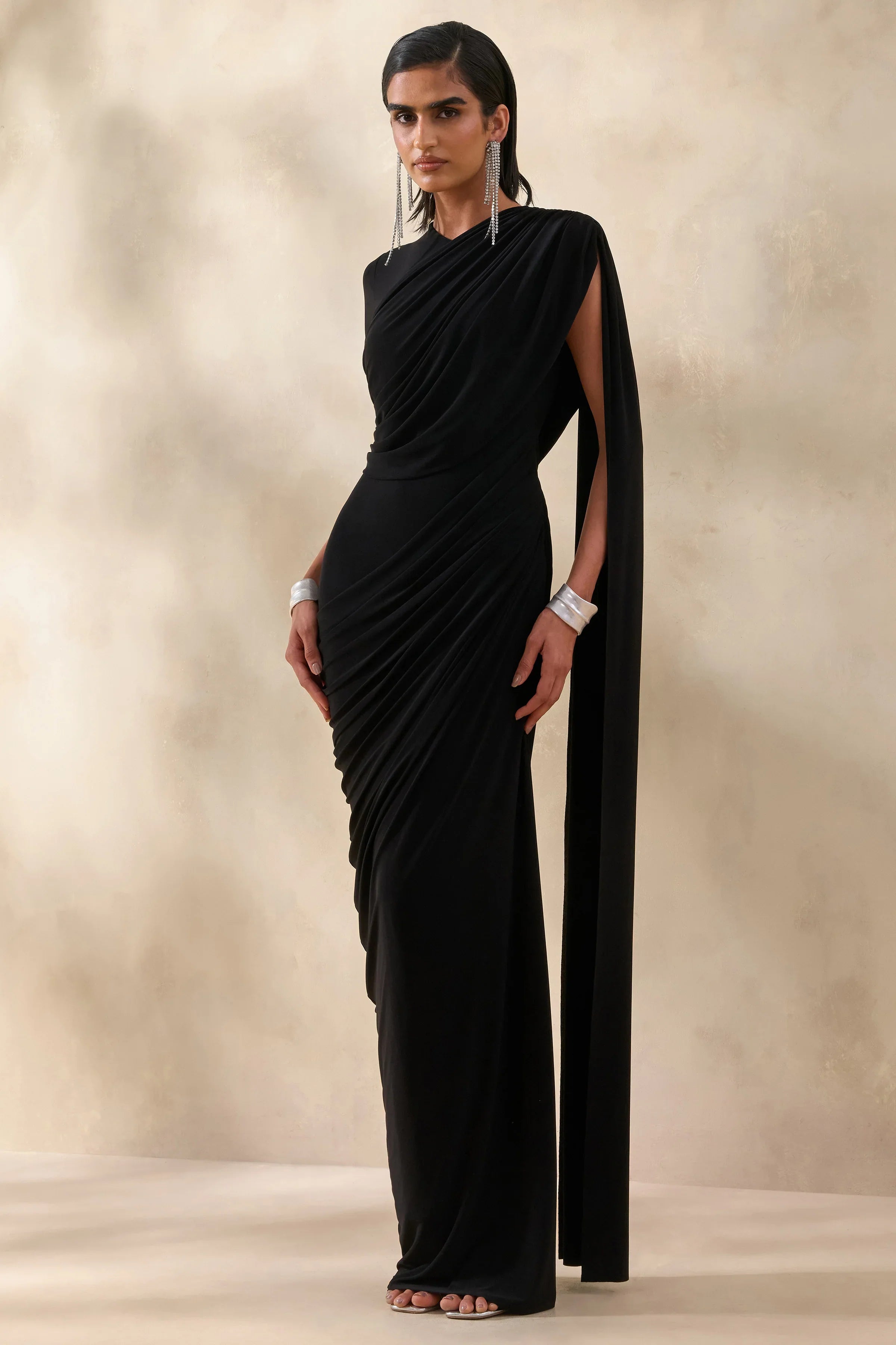 Gisara Black High Neck Maxi Dress With Sash And Draped Detailing