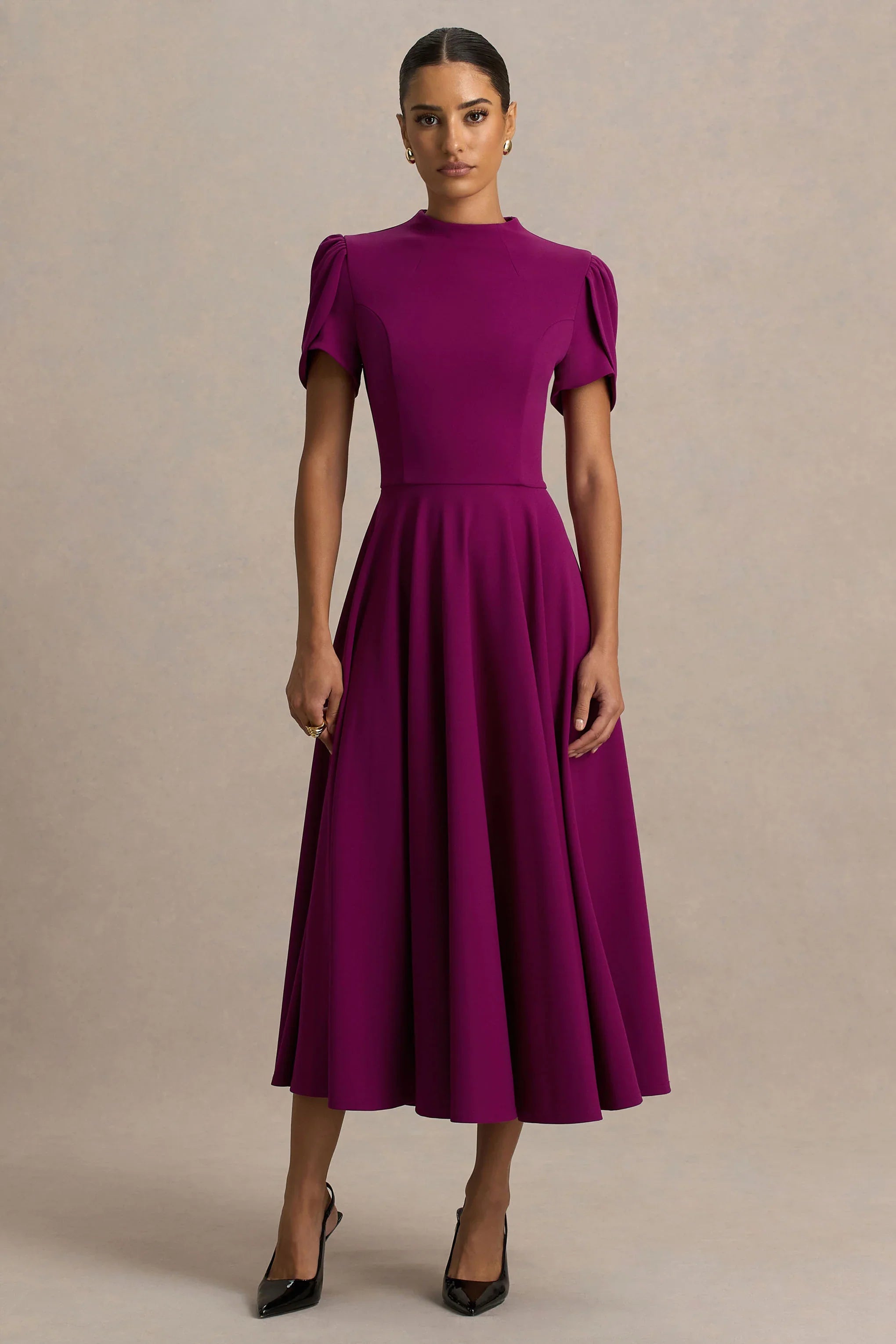 Vicky Mulberry High Neck Midi Dress With Puff Sleeves