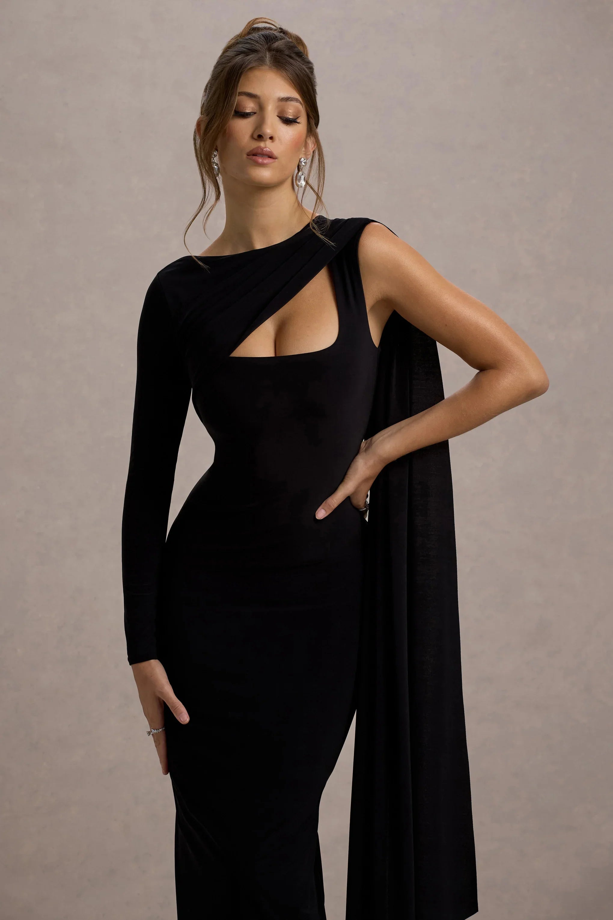 Ashini Black One Sleeve Maxi Dress With Cape
