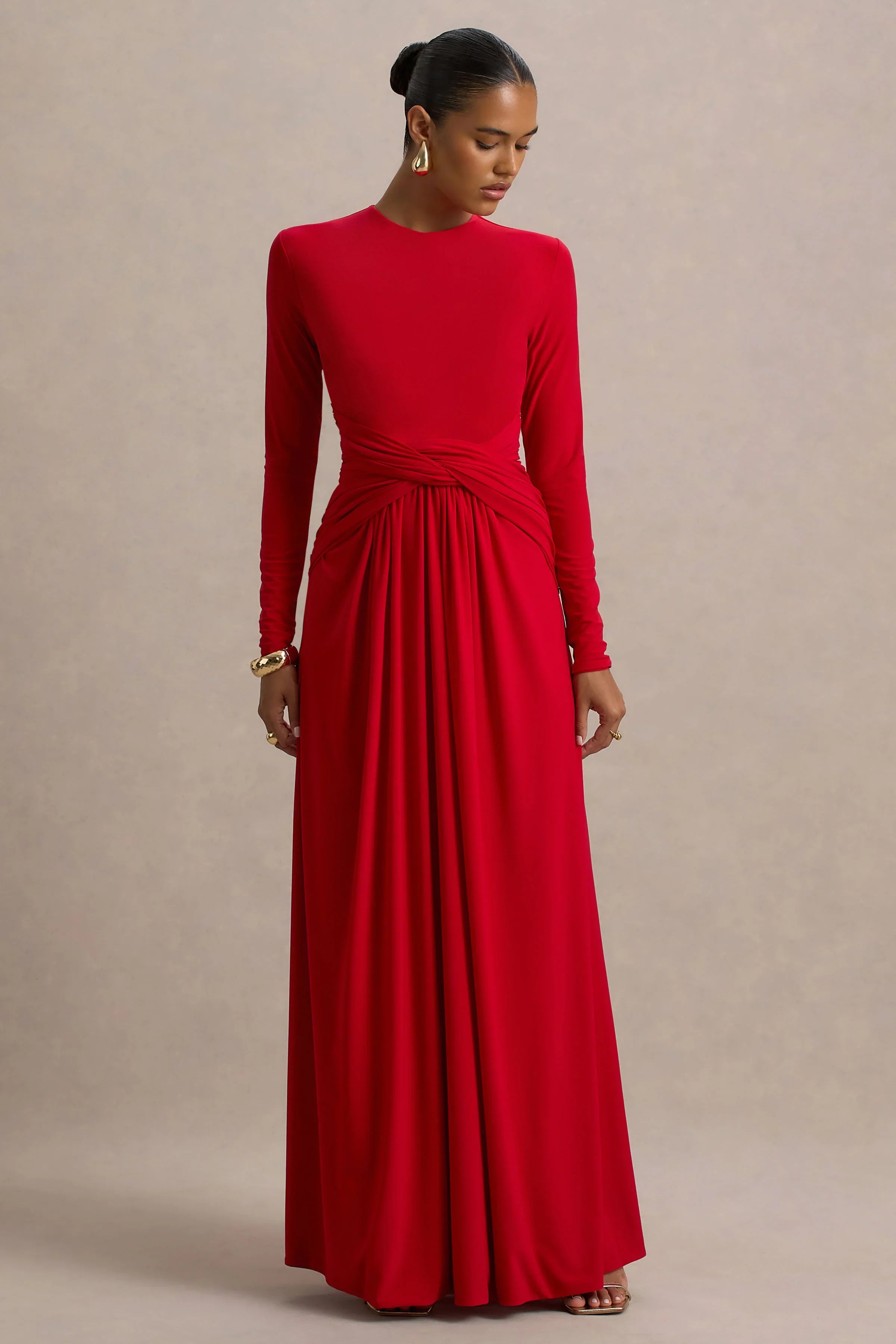 Estrella Red High Neck Maxi Dress With Ruched Detailing