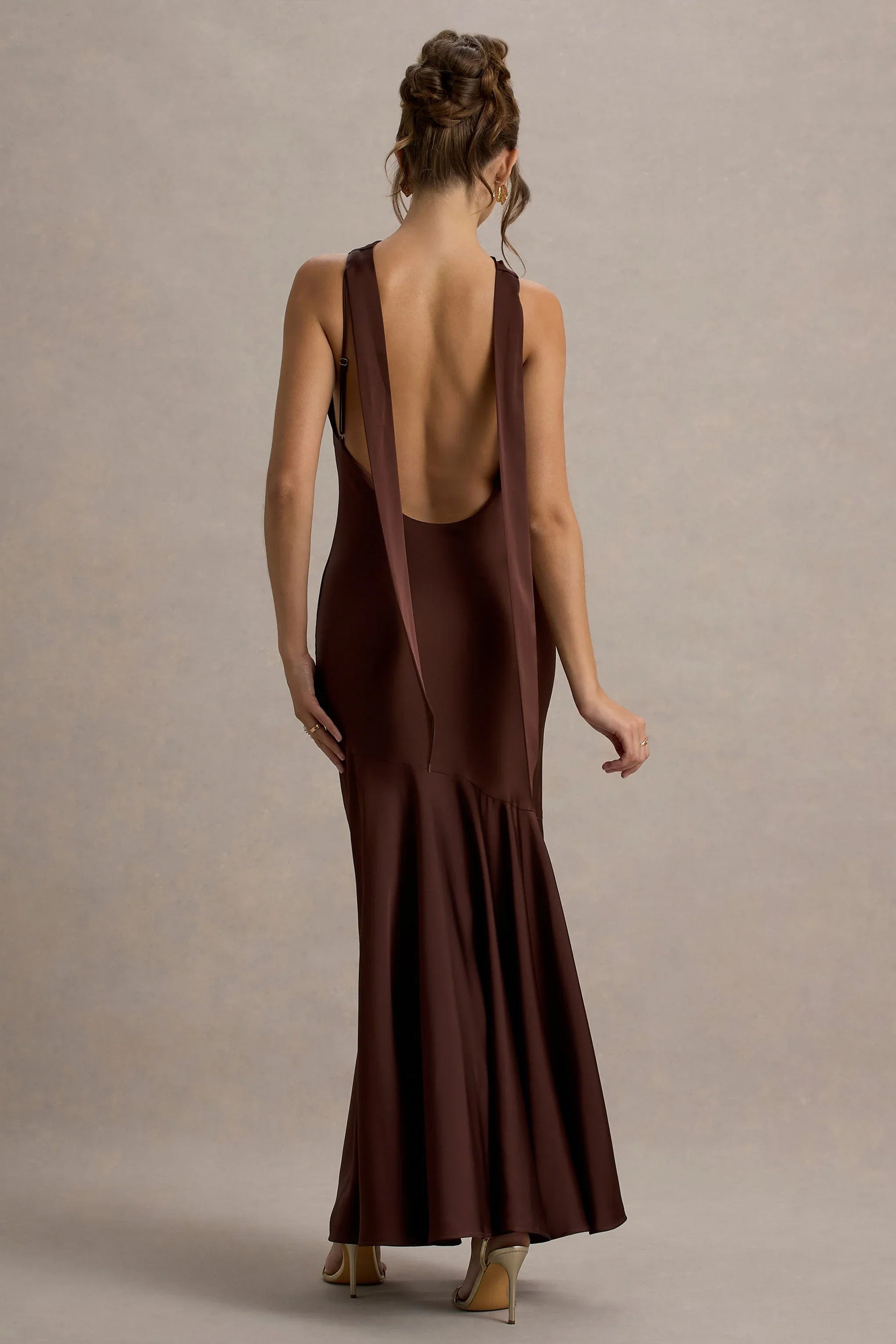 Amelita Brown Satin Cowl Neck Maxi Dress
