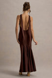Amelita Brown Satin Cowl Neck Maxi Dress