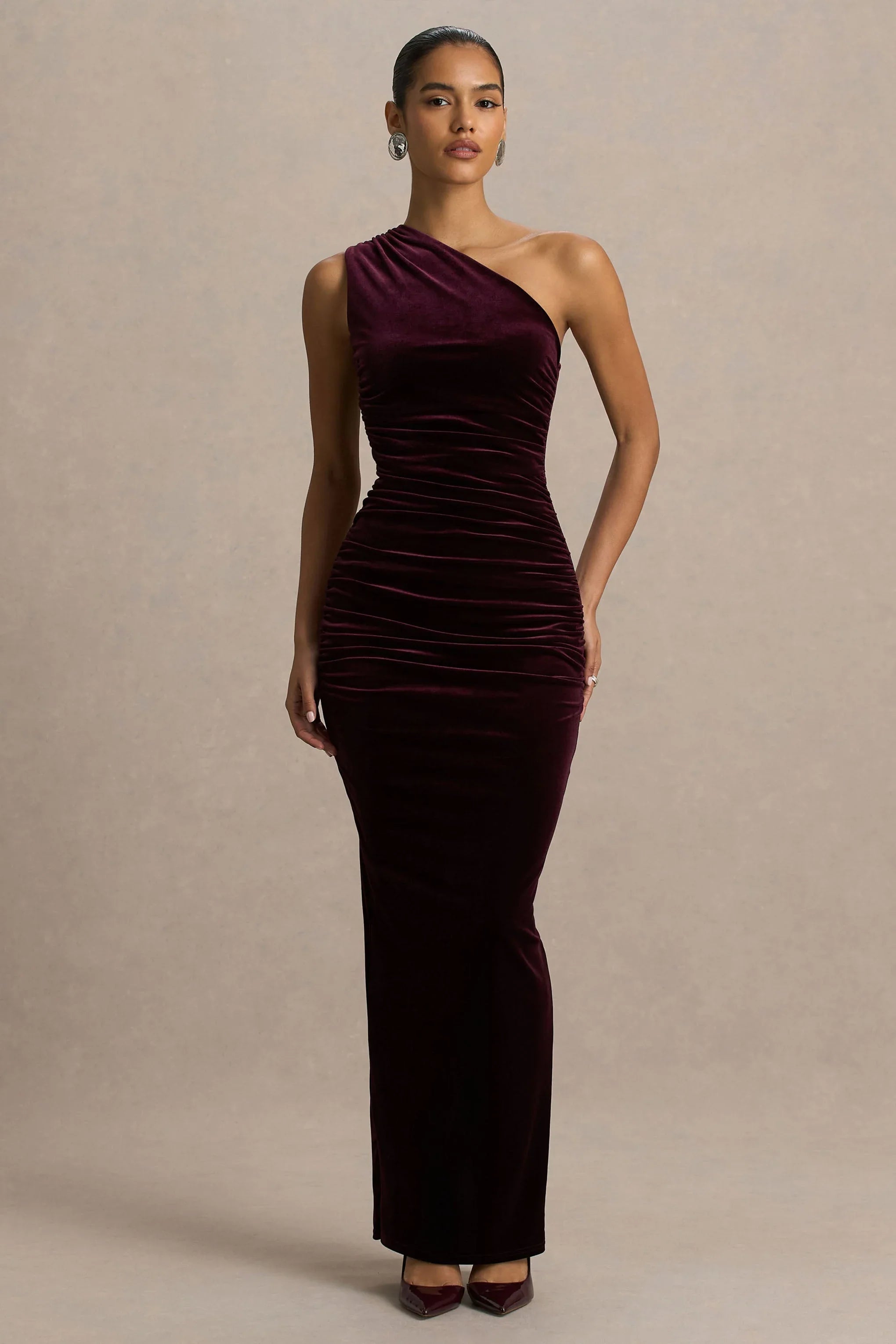 Treat Burgundy Velvet Asymmetric Neck Maxi Dress With Ruched Detailing