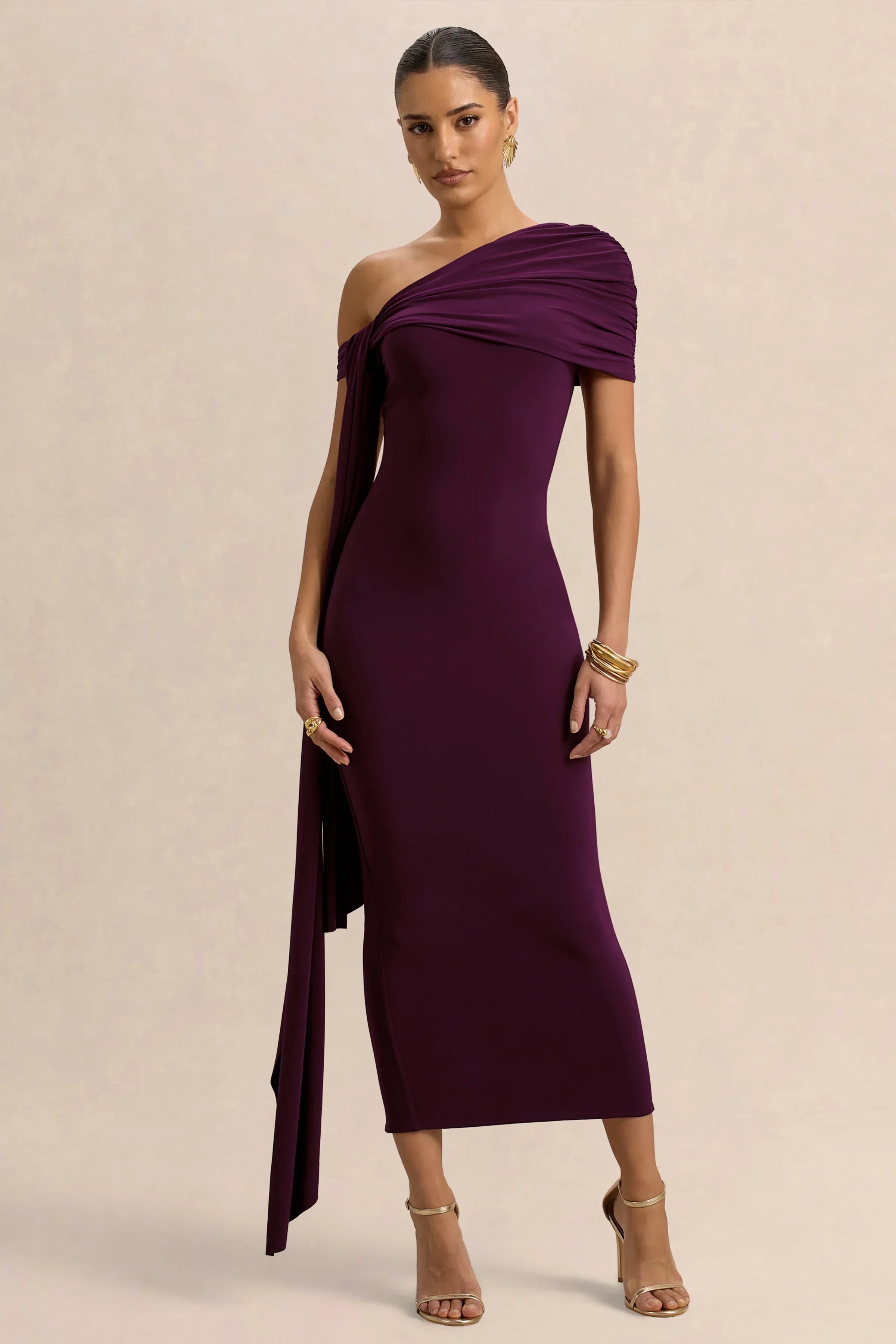 Praia Plum Asymmetric Neck Midi Dress With Sash and Draped Detailing