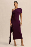 Praia Plum Asymmetric Neck Midi Dress With Sash and Draped Detailing