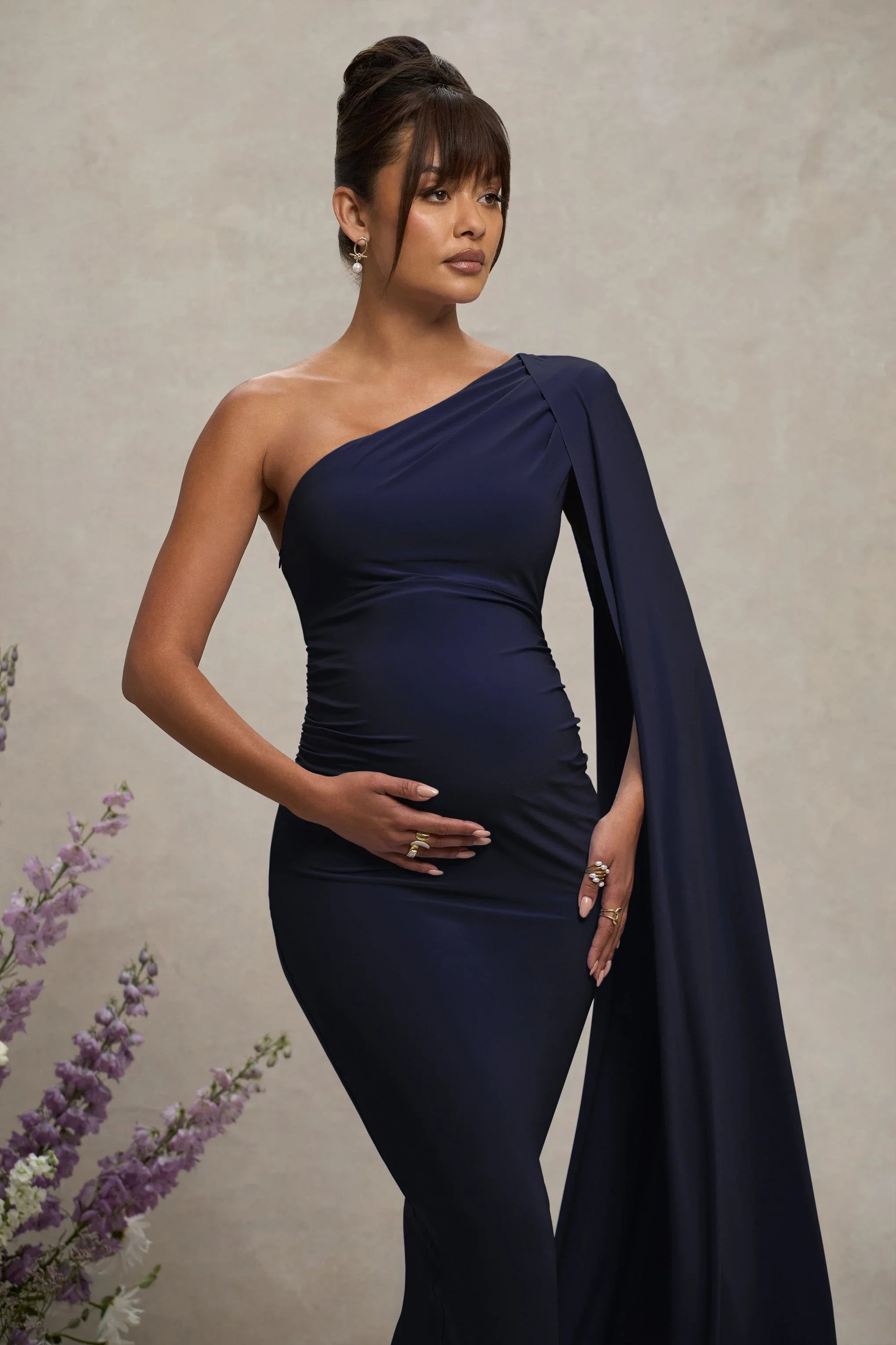 Amaryllis Navy Maternity One Shoulder Maxi Dress with Cape Sleeve