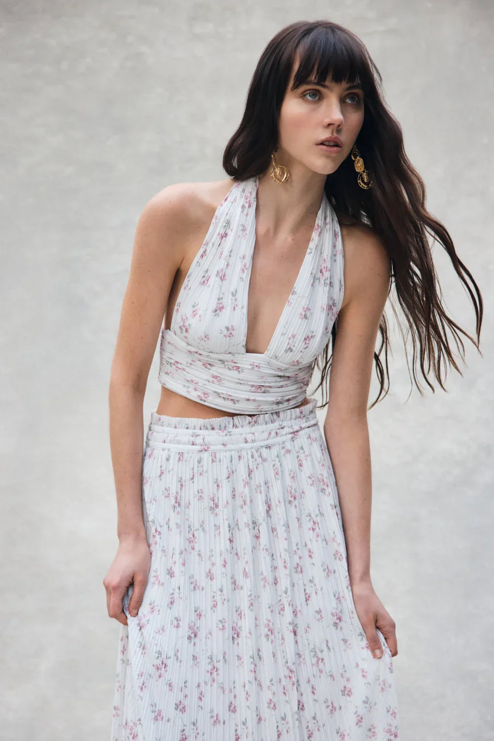 Amaris Sleeveless Plisse Halter Top Floral Ditsy Print