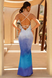 Fiji Blue Ombre Satin Cowl Neck Strappy Slip Maxi Dress