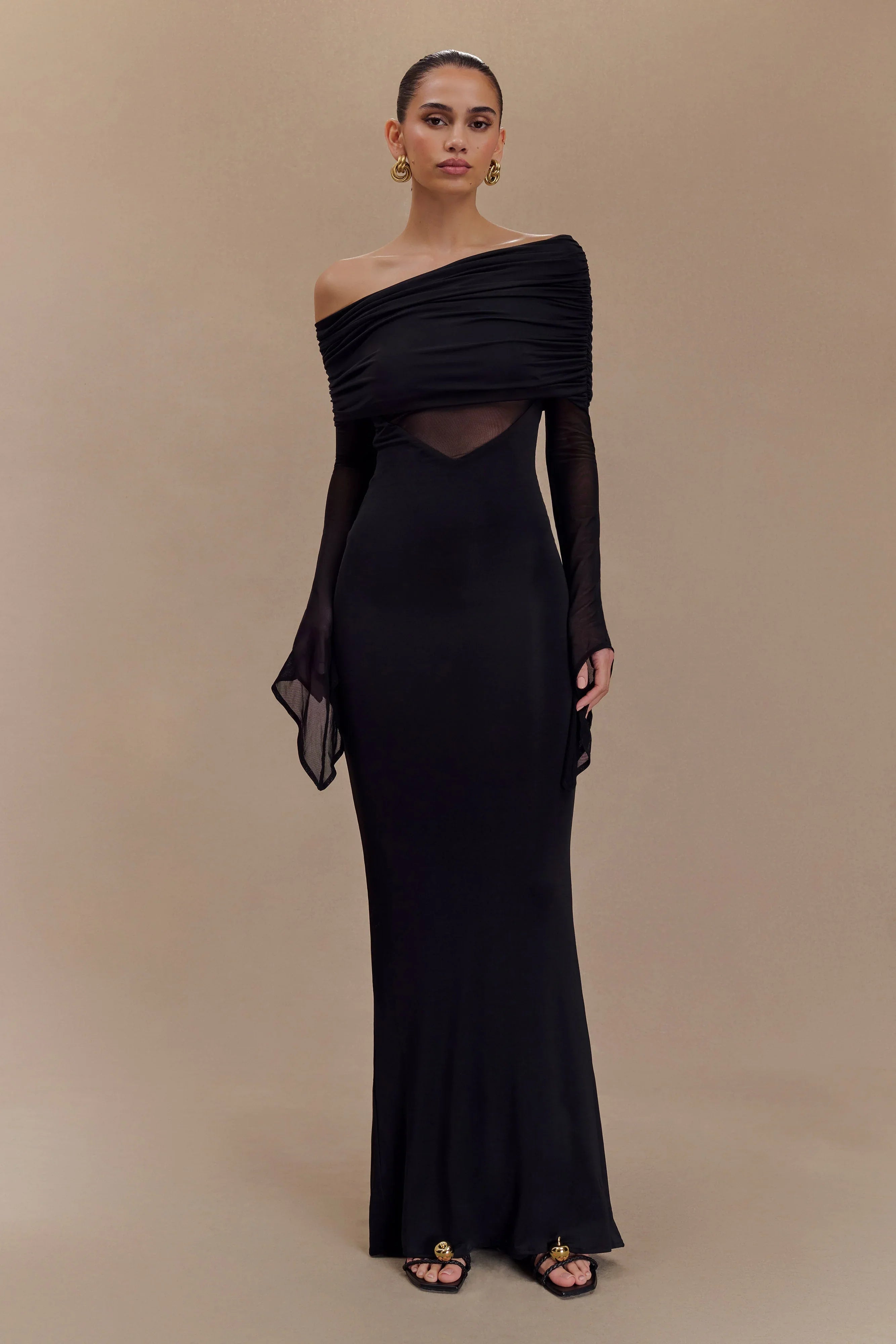 Kaitlin One Shoulder Slinky And Mesh Maxi Dress Black