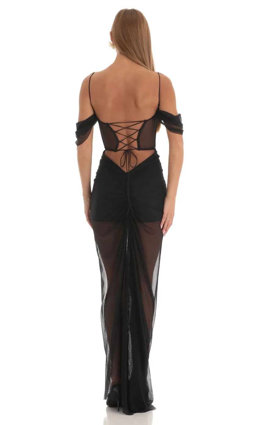 Mesh Corset Maxi Dress in Black