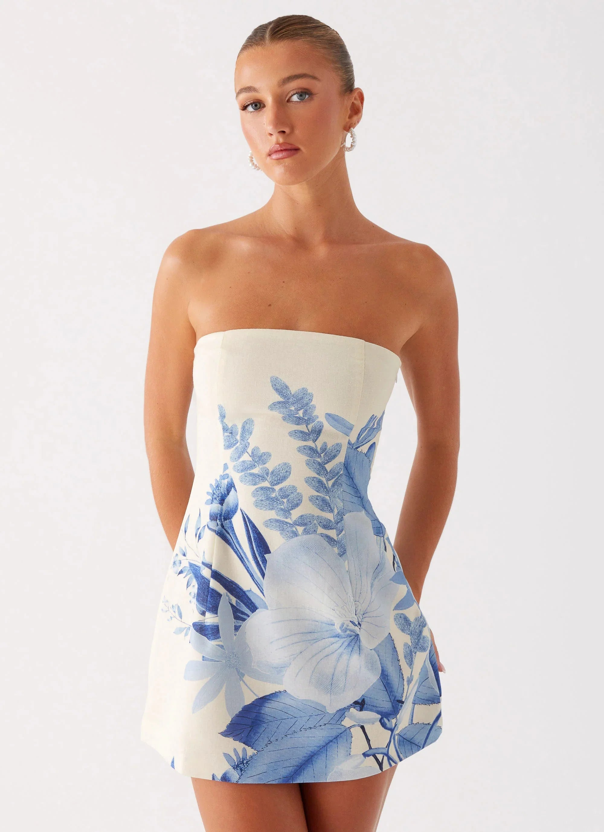 Denby Strapless Mini Dress Blue Floral Print