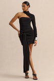 Irissia Black Asymmetric Neck Mini Dress With Knot And Sash Detail