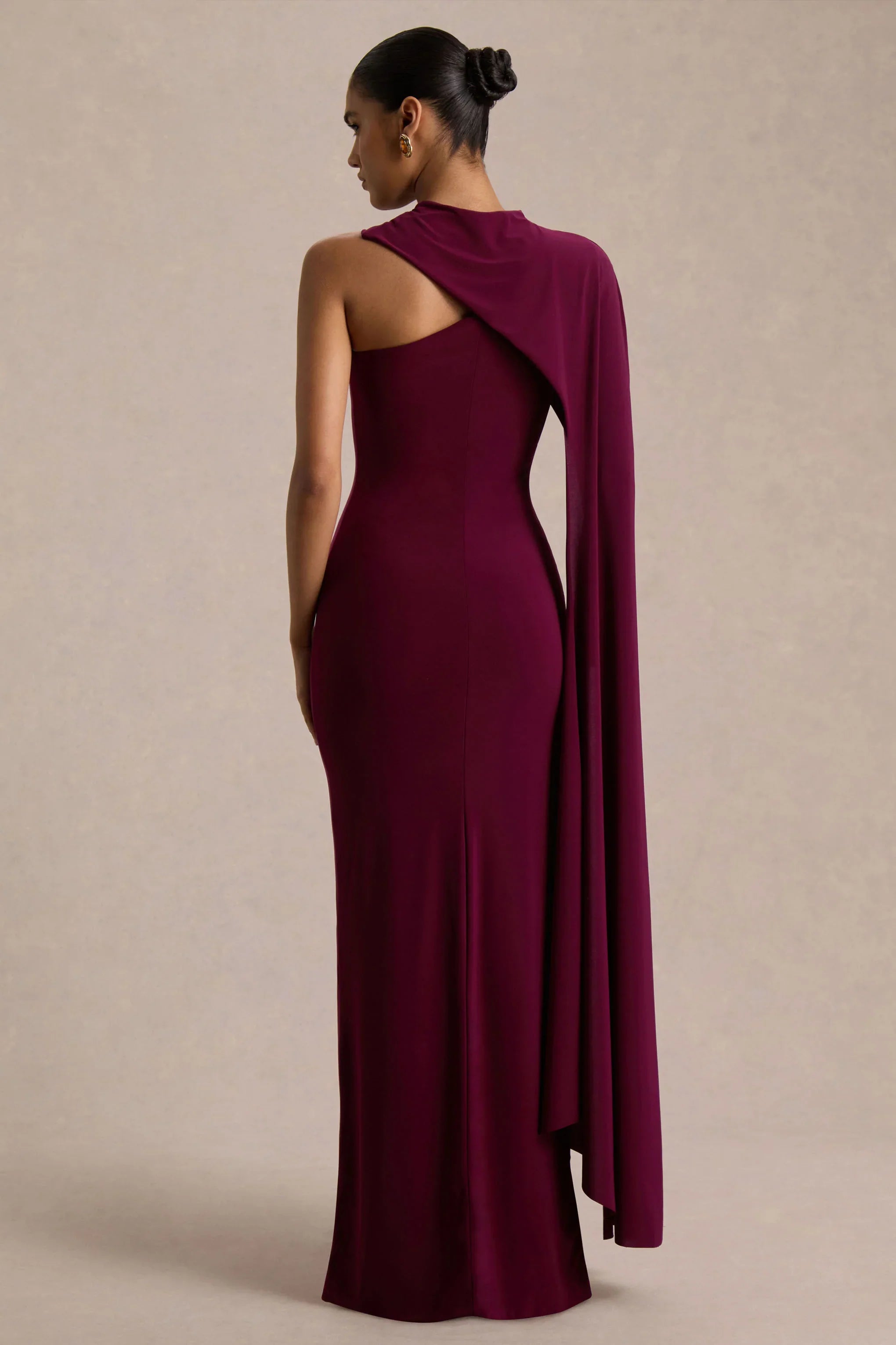 Dawn Burgundy Asymmetric Neck Maxi Dress With One Long Sleeve And Cape