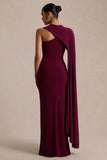 Dawn Burgundy Asymmetric Neck Maxi Dress With One Long Sleeve And Cape