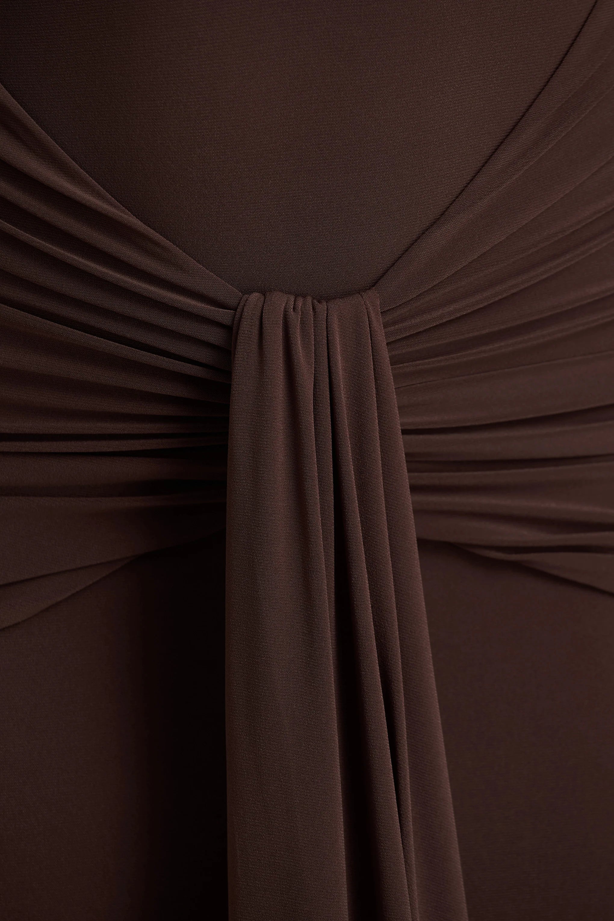 Saffie Chocolate Extreme Plunge Wrap Maxi Dress With Long Sleeves And Ruched Detailing