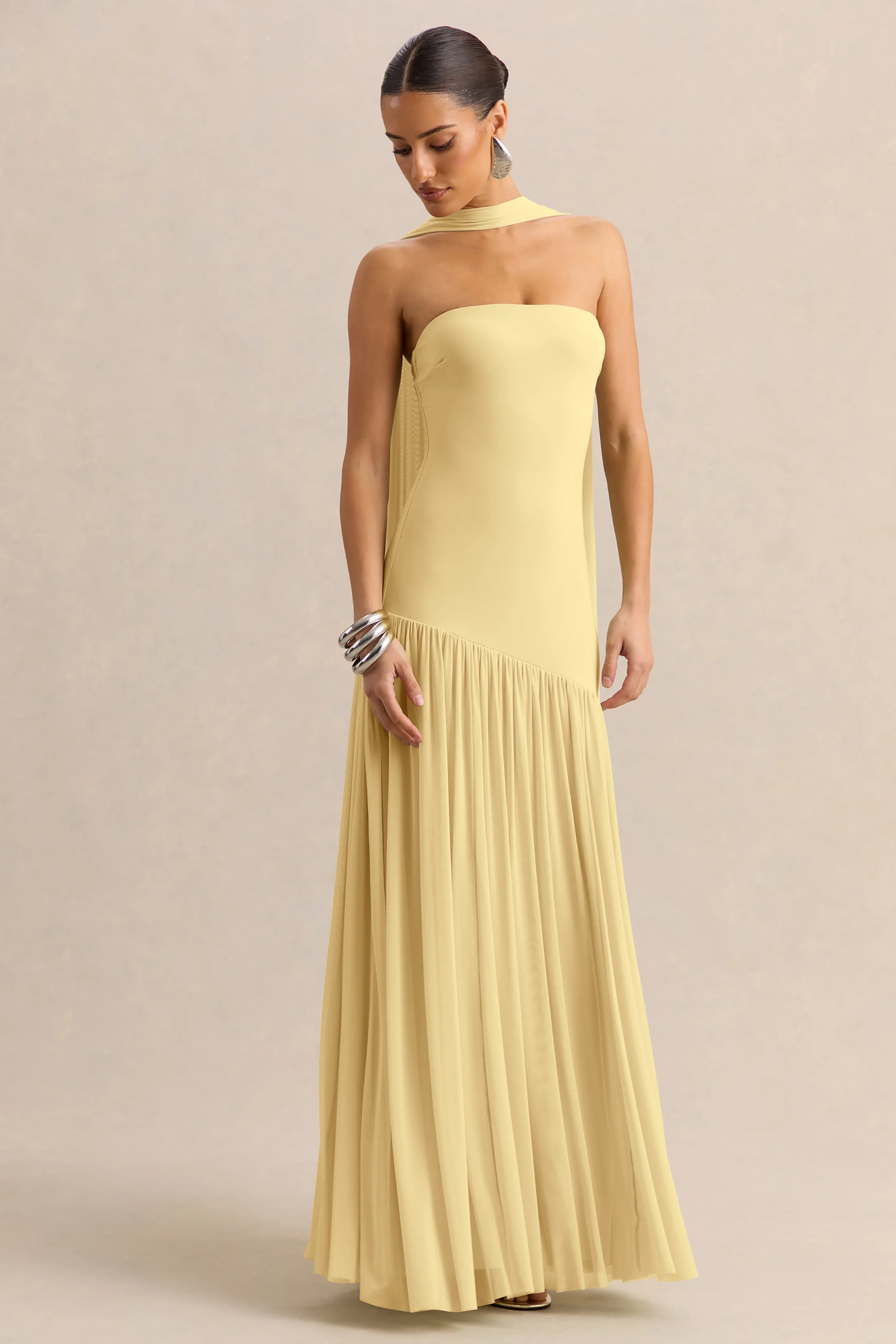 Bambi Lemon Bandeau Neck Maxi Dress With Scarf Detail