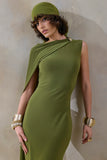 Isdelia Green Asymmetric Neck Maxi Dress With Cape Sleeve