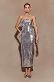 Cassia Strapless Sequin Rose Midi Dress Silver