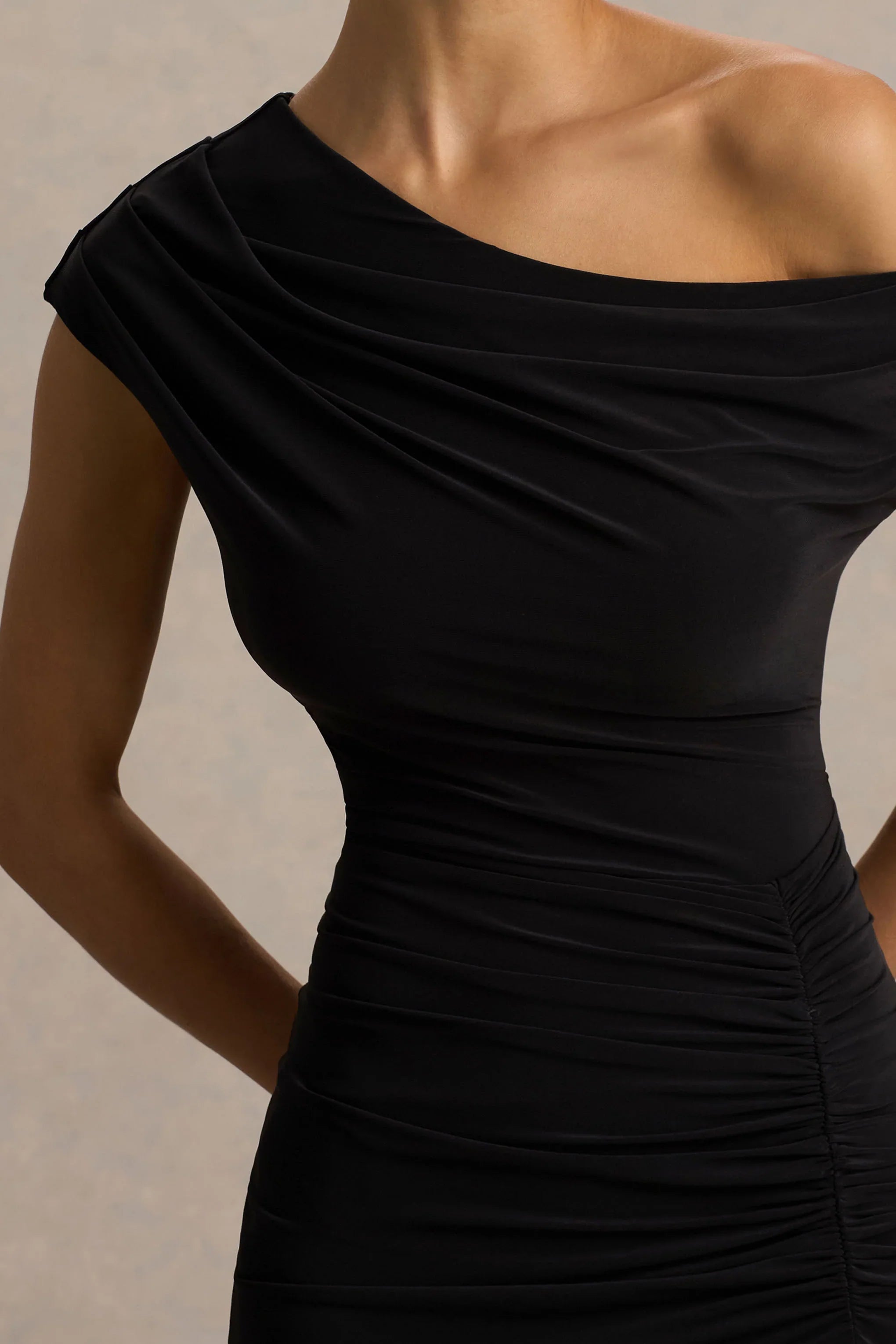 Kady Black Asymmetric Neck Maxi Dress With Ruched Detailing and Front High Split