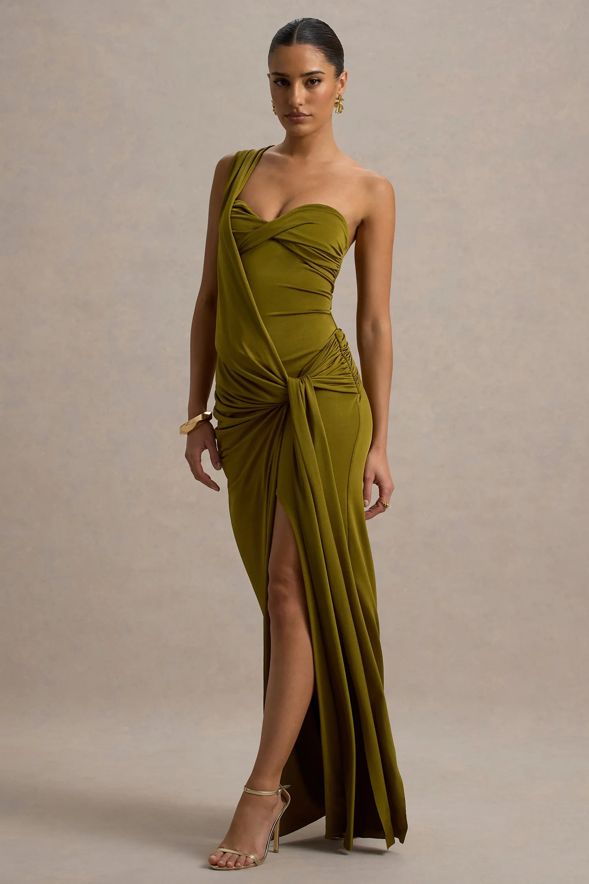 Erminia Olive Green One Shoulder Twist Wrap Maxi Dress