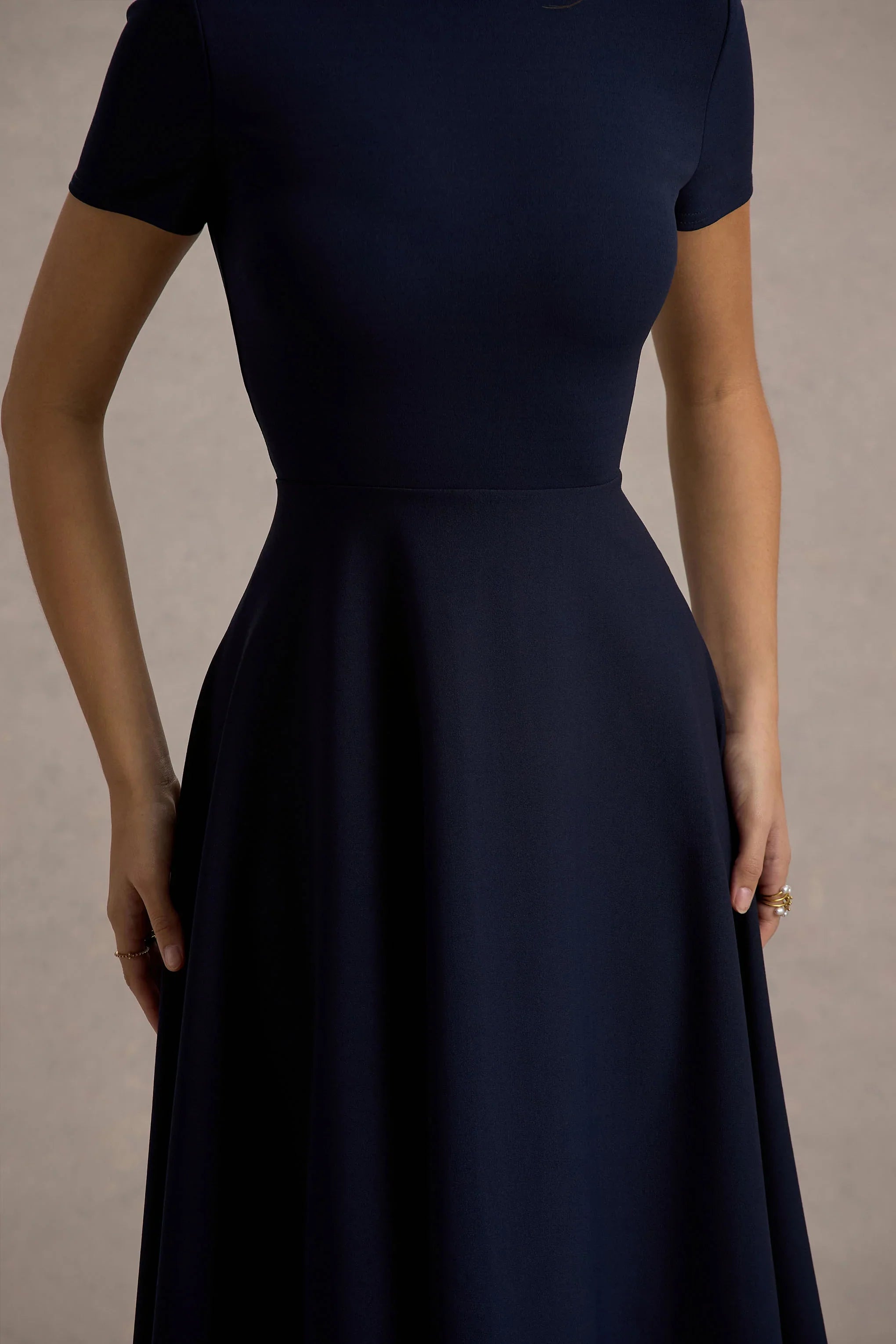 Bellona Navy High Neck High Low Midi Dress