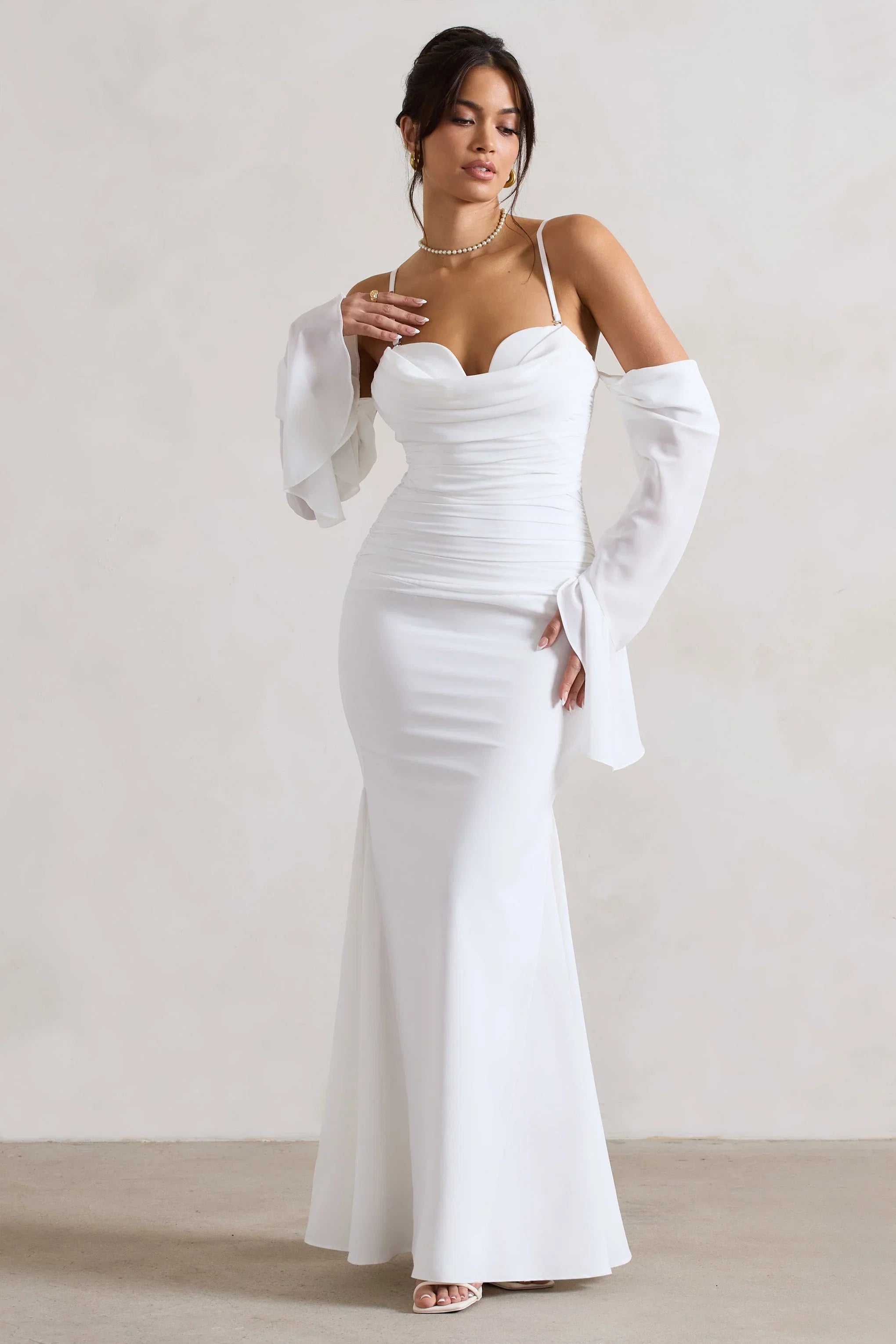 Rhiannon Cream Draped Flared Sleeve Fishtail Maxi Dress