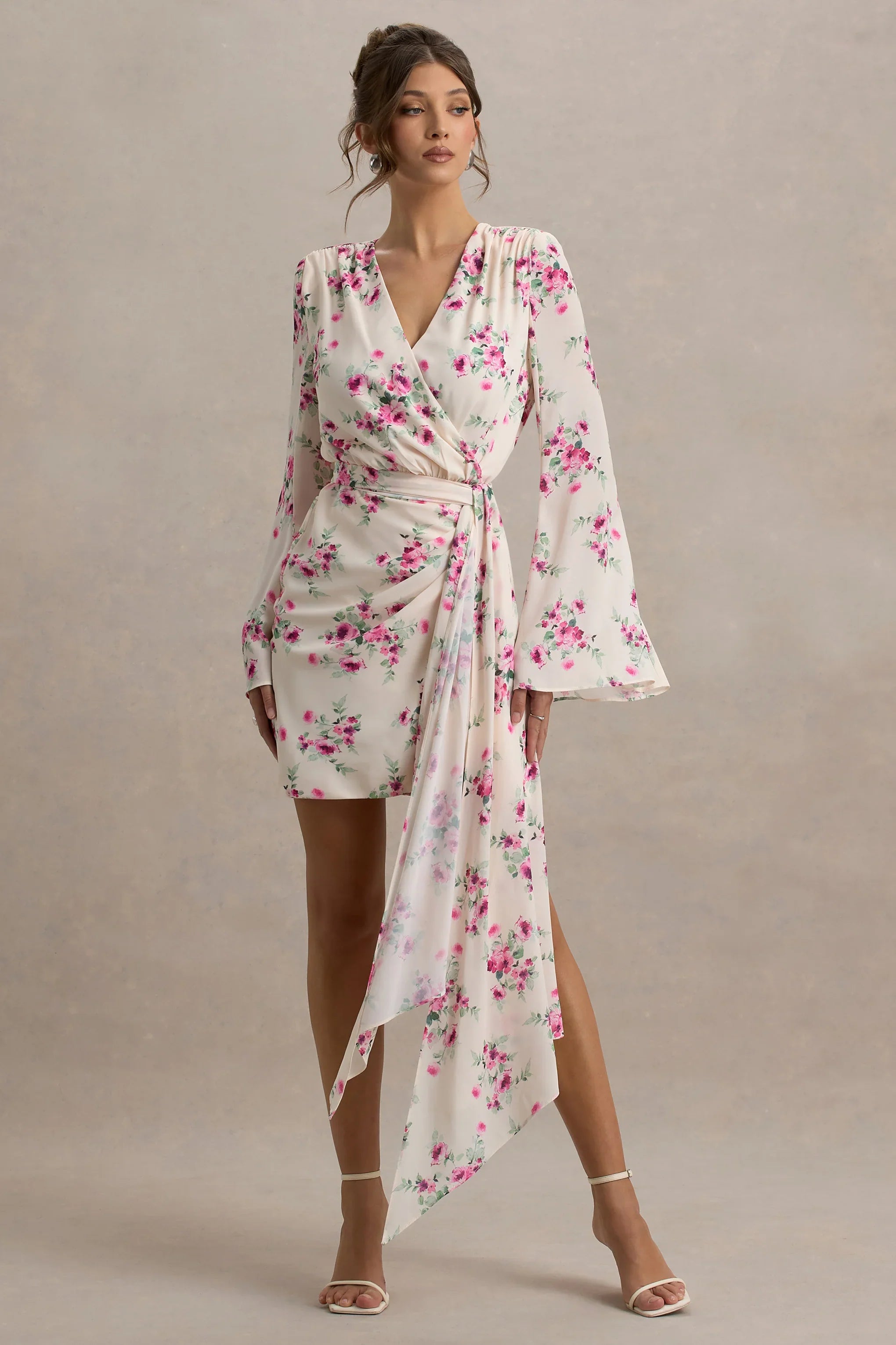 Goldie Cream Floral Print Chiffon Long Sleeve Wrap Mini Dress