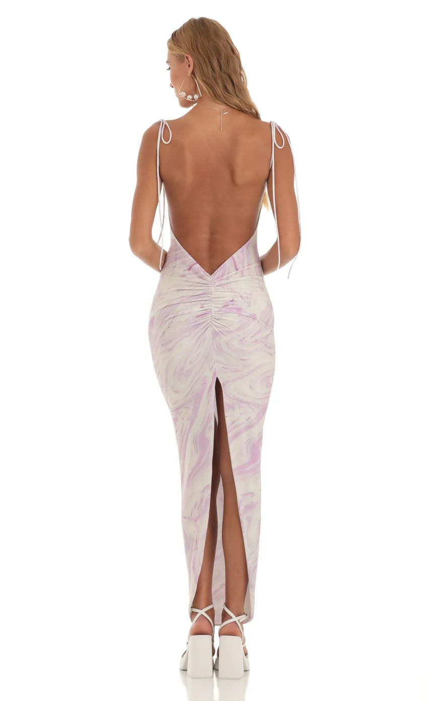 Back Slit Maxi Dress in Purple Swirl