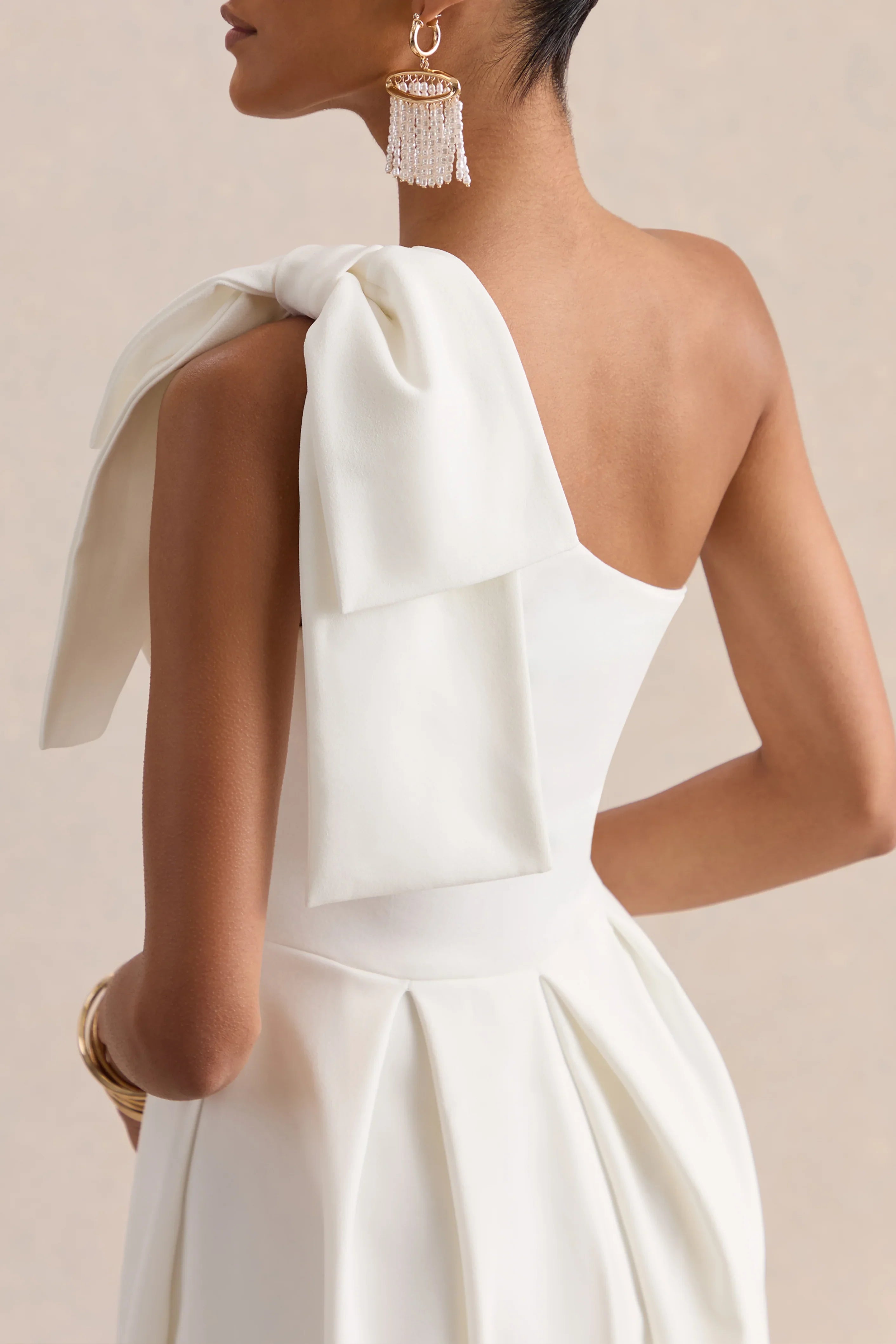 Meria White Asymmetric Neck Midi Dress With Bow Sleeve