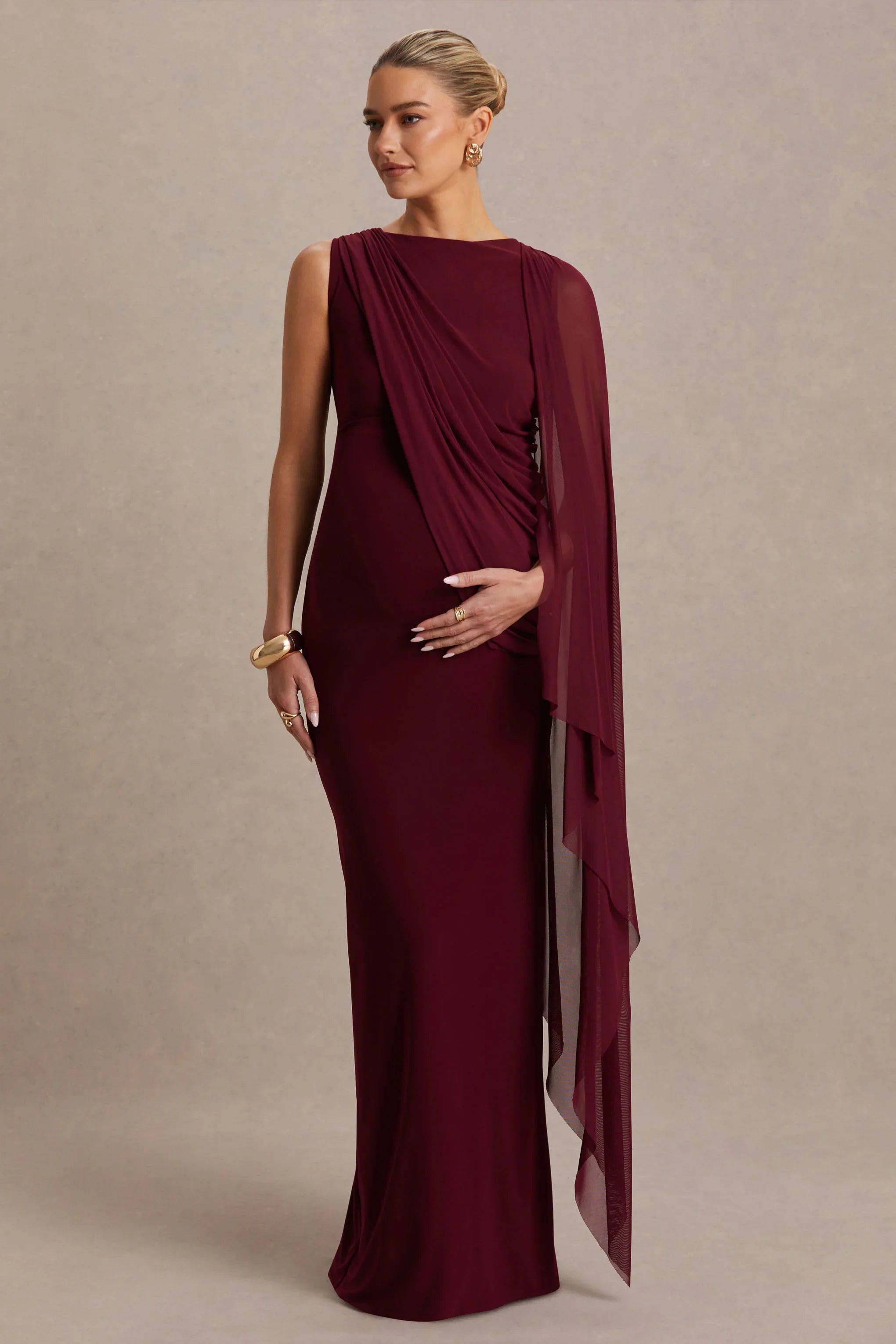 Cristina Burgundy Slashed Neck Maternity Maxi Dress With Cape Sleeve