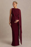 Cristina Burgundy Slashed Neck Maternity Maxi Dress With Cape Sleeve