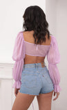 Puff Sleeve Front Tie Crop In Lilac