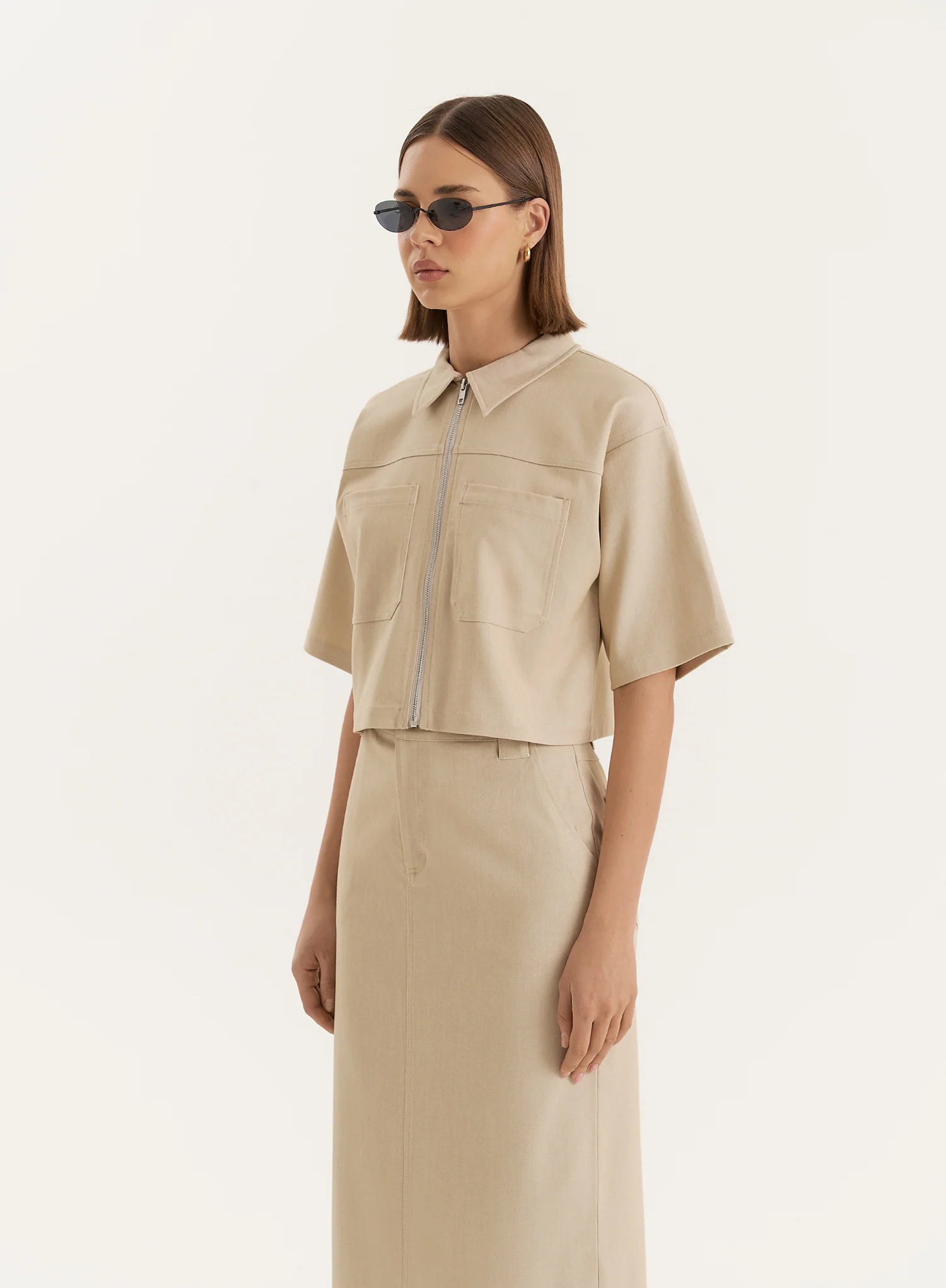 Beige Cropped Tailored Zip Through Shirt