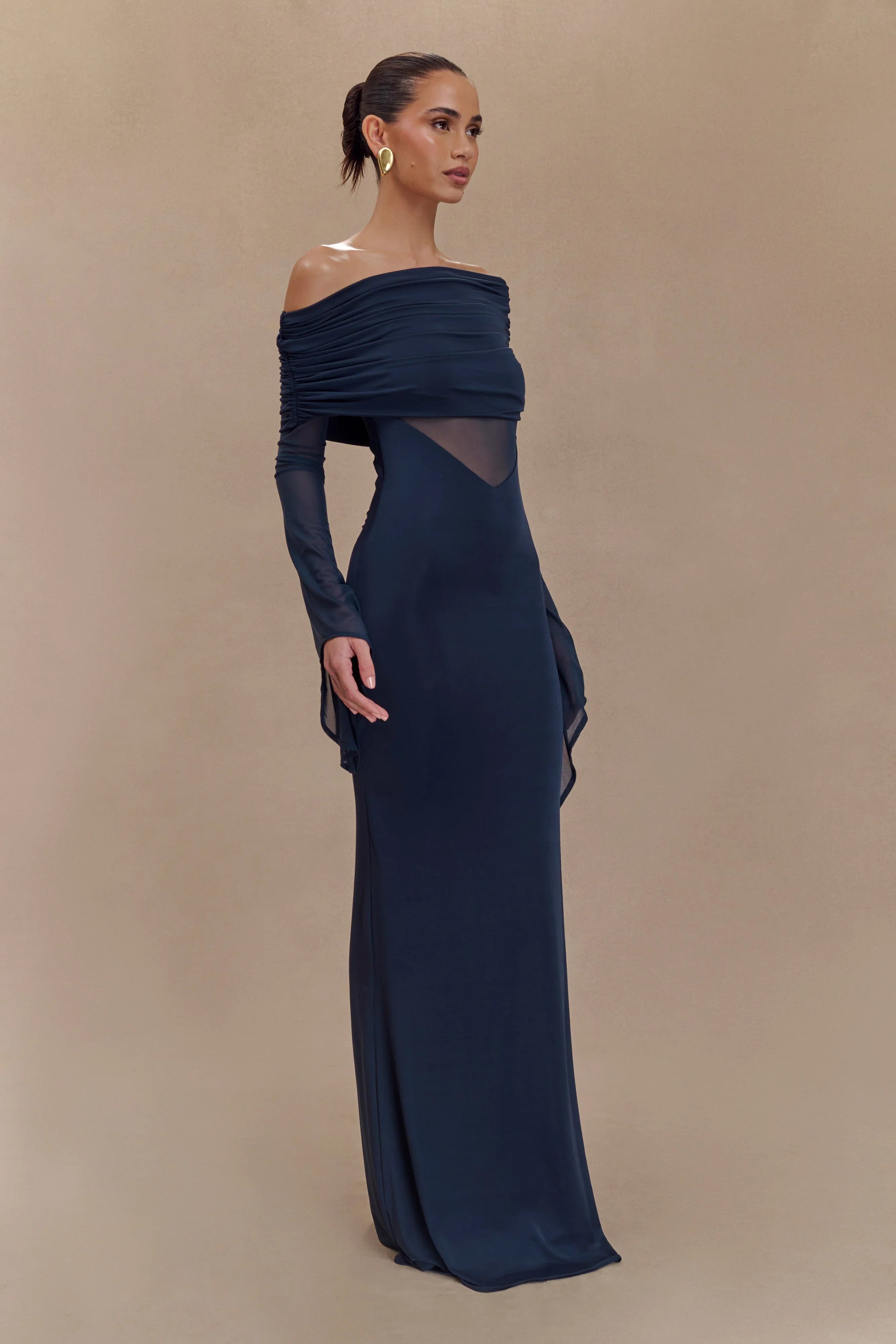 Kaitlin One Shoulder Slinky And Mesh Maxi Dress Midnight Blue