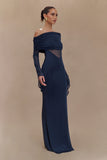 Kaitlin One Shoulder Slinky And Mesh Maxi Dress Midnight Blue