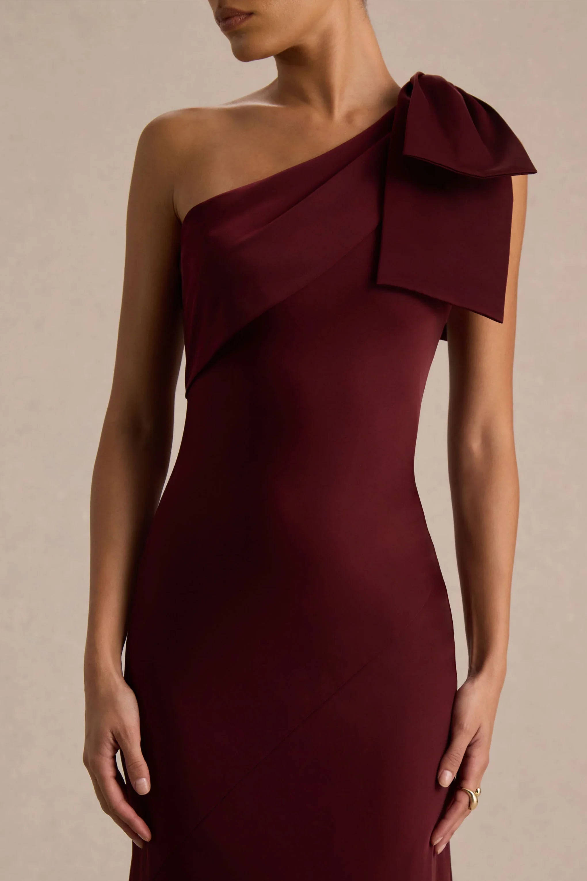 Josephine Burgundy Matte Satin Asymmetric Neck Maxi Dress With Bow Detail