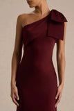 Josephine Burgundy Matte Satin Asymmetric Neck Maxi Dress With Bow Detail