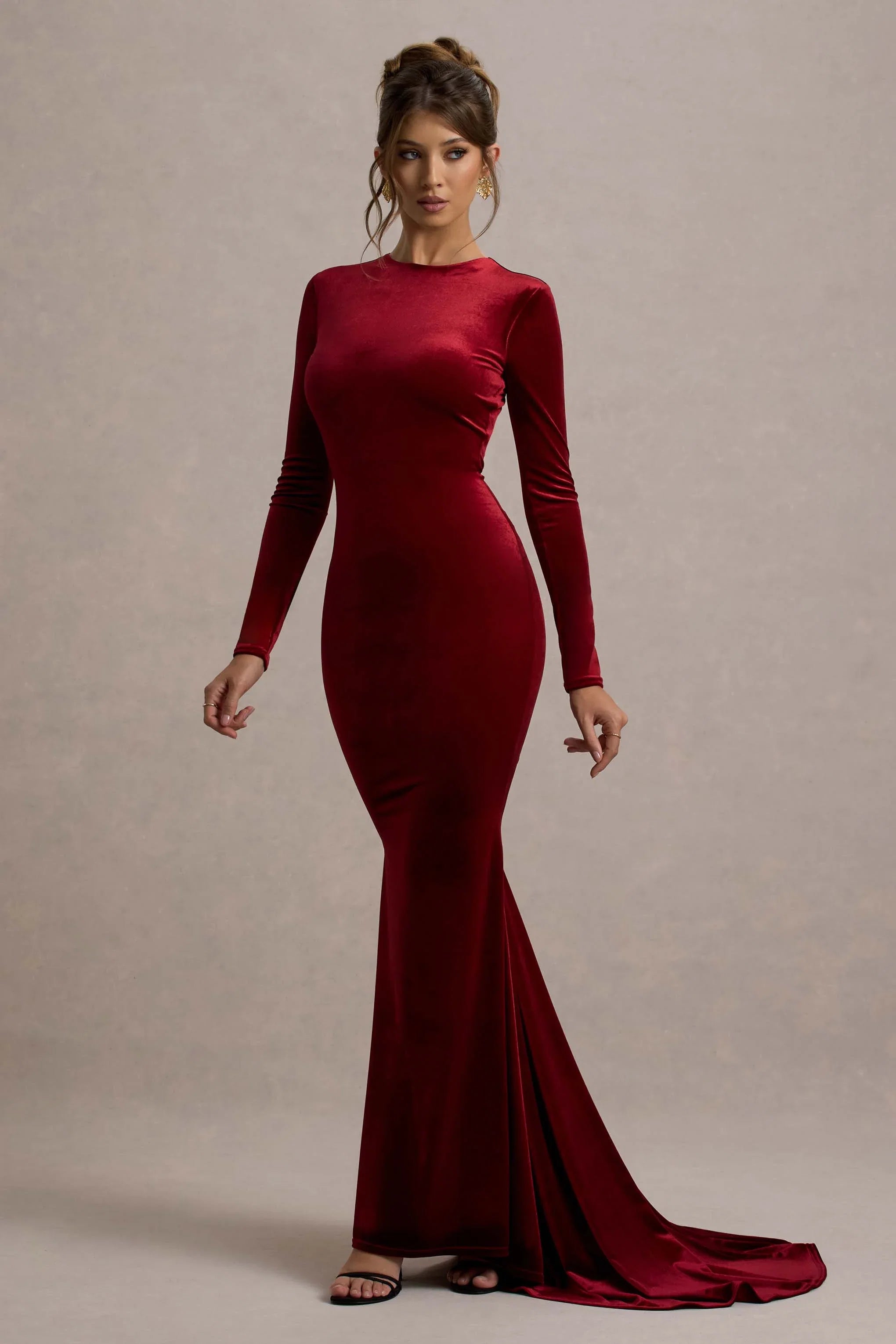 Keaton Berry Velvet Long Sleeve Open Back Maxi Dress