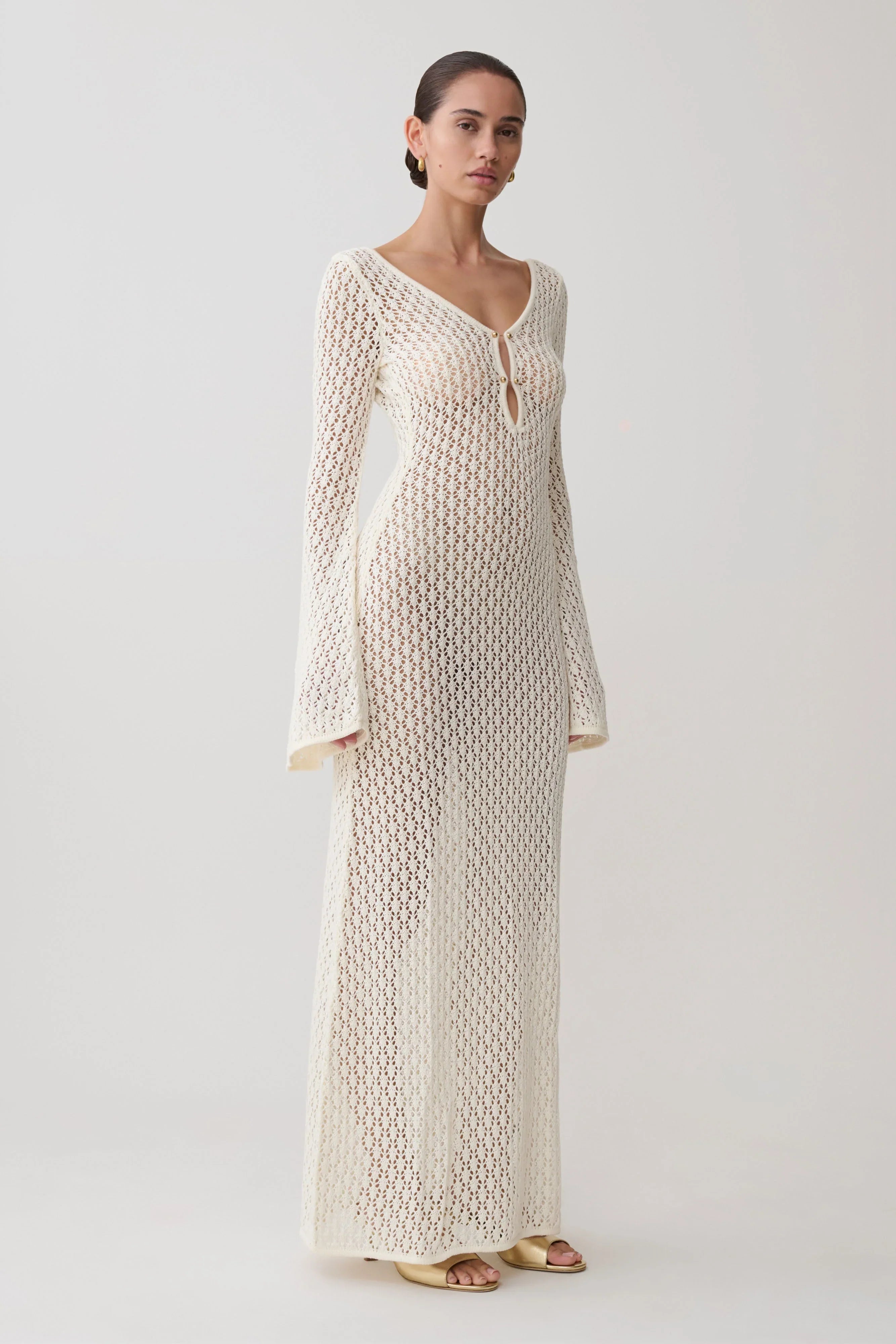Kayleigh Crochet Fishtail Flare Sleeve Maxi Dress White