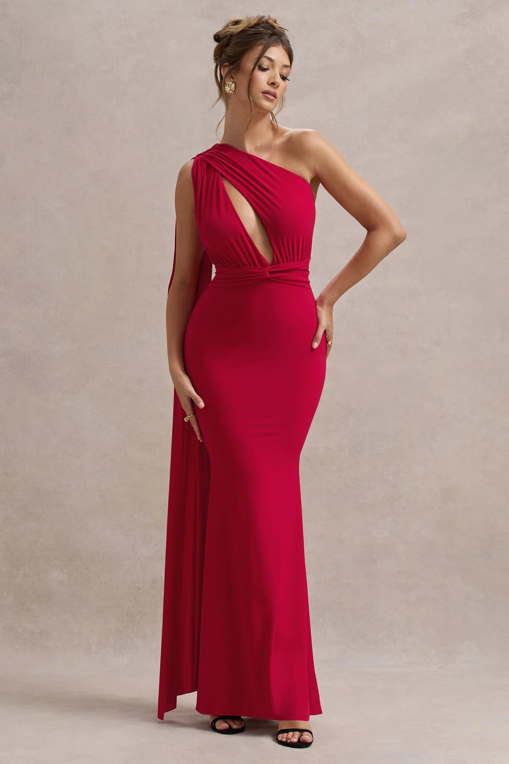 Elaina Red Asymmetric Knot Maxi Dress With Sash